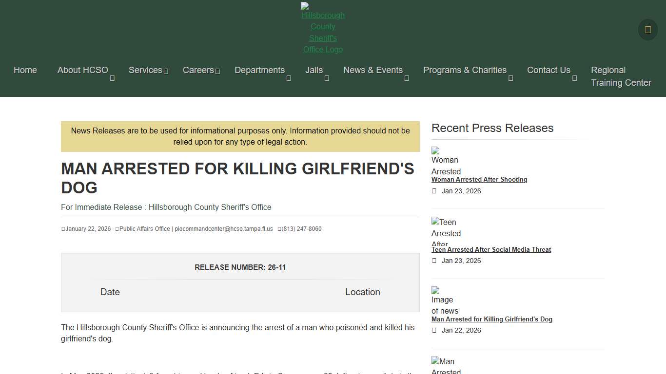 Man Arrested for Killing Girlfriend's Dog HCSO, Tampa, FL